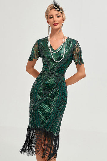 Sparkly Dark Green Beaded Fringed Cap Sleeves 1920 Gatsby Dress